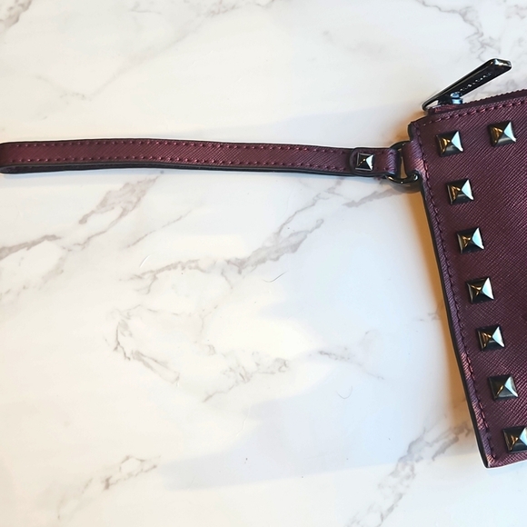 Michael Kors Maroon Saffiano Leather Gunmetal Studded Wristlet Wallet Purse - Picture 4 of 8